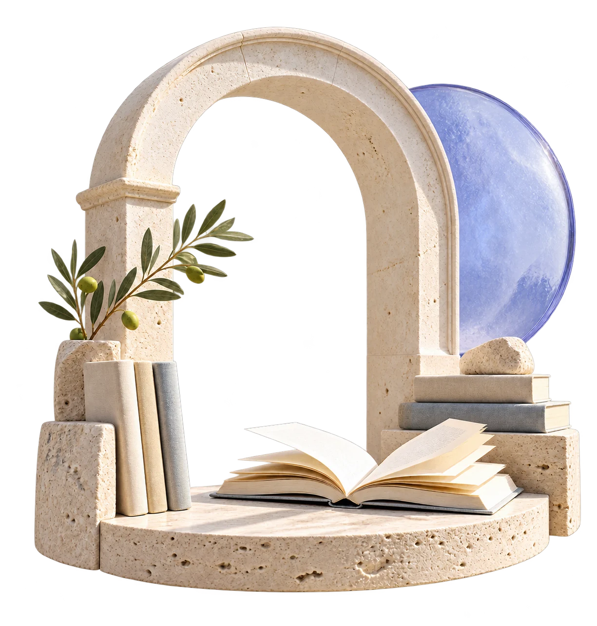 Illustration onirique : arche de pierre claire, livres ouverts et branche d’olivier, sur fond transparent
